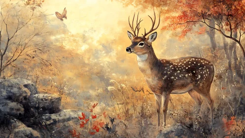 Autumn woodland stag in luminous atmospheric watercolor field.