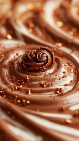 Swirled chocolate cream closeup with metallic sprinkles.