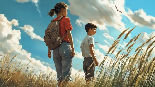 Children in tall grass under cumulus sky with directional backlight