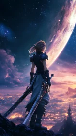 Armored swordsman overlooking illuminated city and planet.