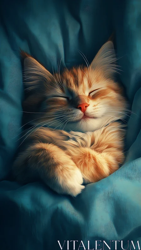 Peaceful Ginger Cat Resting on Teal Fabric Backdrop.