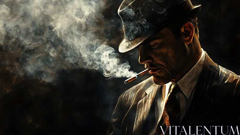 Moody noir gangster exhales swirling cigarette smoke at night.
