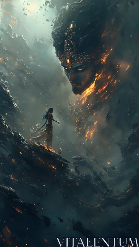 Woman confronts colossal fiery spirit in stormy abyss.