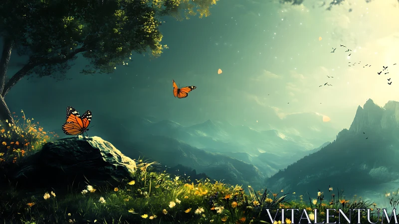 Monarch Butterflies in a Dreamy Mountain Meadow Landscape.