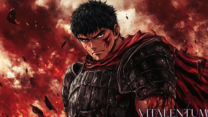 Blood-soaked warrior glares back at a storm of red ruin