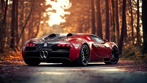 Red hypercar glows against a tranquil, sunlit forest road