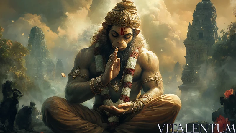 Temple mists cradle a meditating monkey god in golden calm