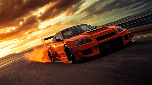 Sunset speed run sends this orange drift car into fiery motion