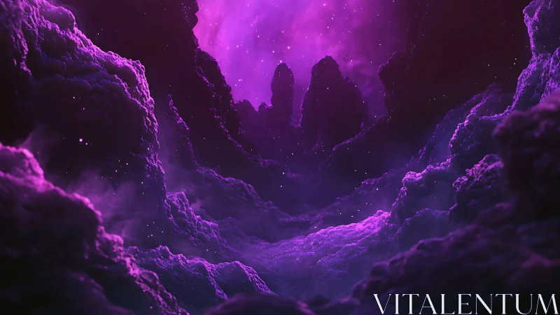 Vivid purple cosmic canyon with glowing nebula clouds.
