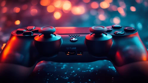 PlayStation Controller Rendered in Neon Red-Blue Lighting Environment.