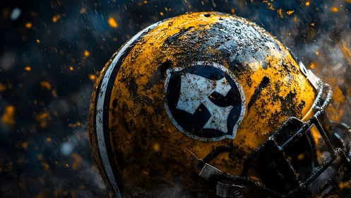 Yellow football helmet displays weathered surface and debris