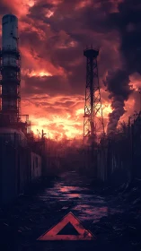 Warning triangle glows in a smoldering industrial dusk.