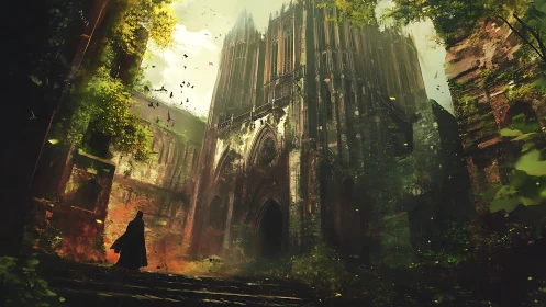 Cloaked figure before overgrown gothic cathedral ruins.