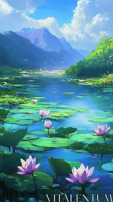 Mountain lake with blooming water lilies under bright skies.