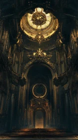 Golden vaulted hall with ornate arches and glowing dome.