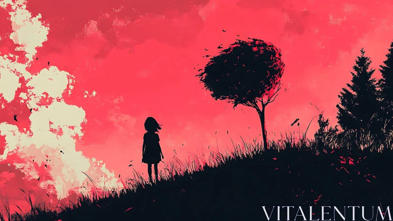 Silhouette child under lone tree against crimson sky.