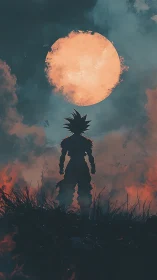 Silhouetted warrior stands below blazing lunar disc sky