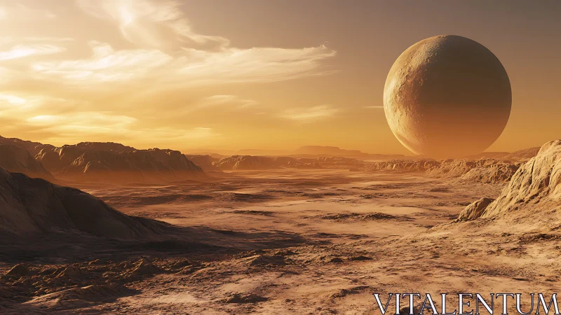 Desert planetary landscape with large spherical celestial body.