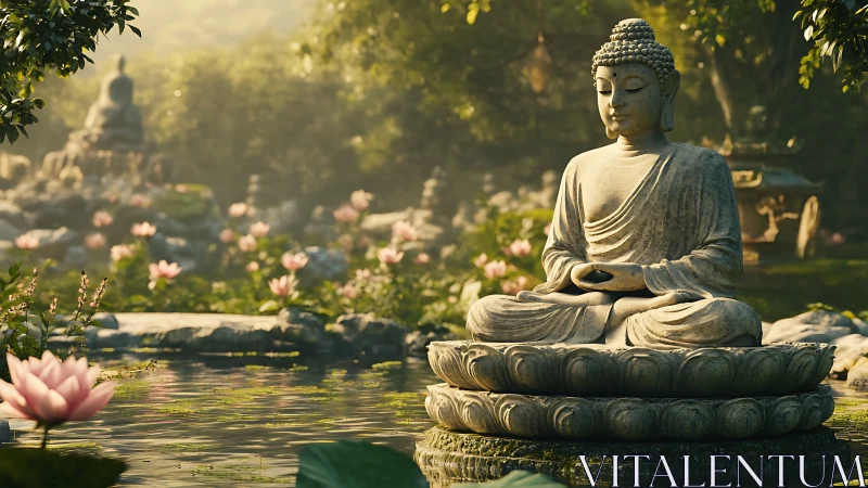 Stone Buddha lets sunrise and lotus whispers share quiet tales