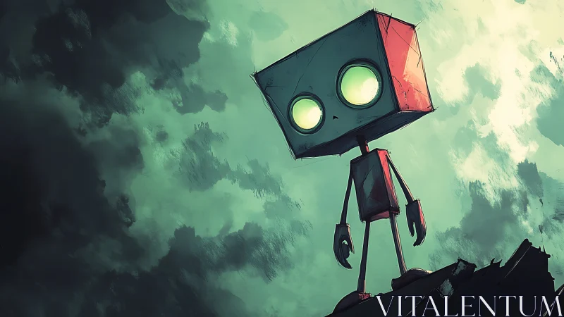 Lonely box-headed robot under stormy teal sky at cliff edge.