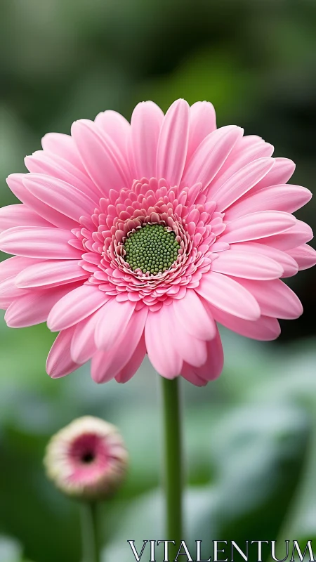 Soft pink gerbera daisy opens gently in a peaceful garden