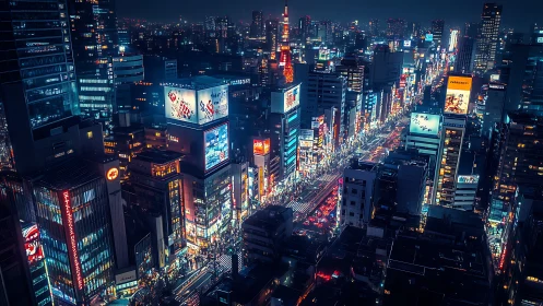 Neon drenched Tokyo avenue under dense urban night glow.