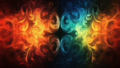 Twin swirling elements dance in radiant fire and cool light