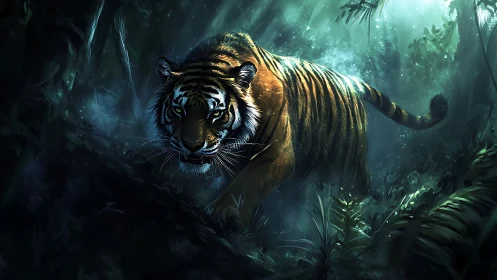 Tiger moves through dense rainforest under diffuse backlight