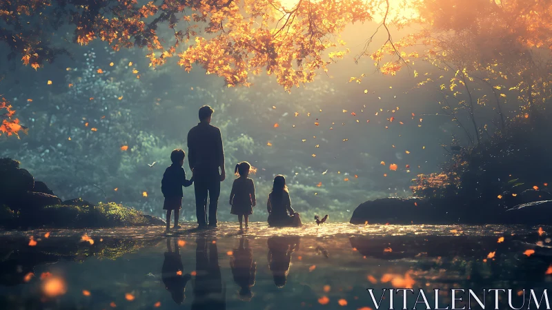 Silhouetted figures observe autumn landscape through falling foliage