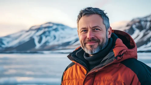 Weathered wanderer smiling against arctic mountain hush.