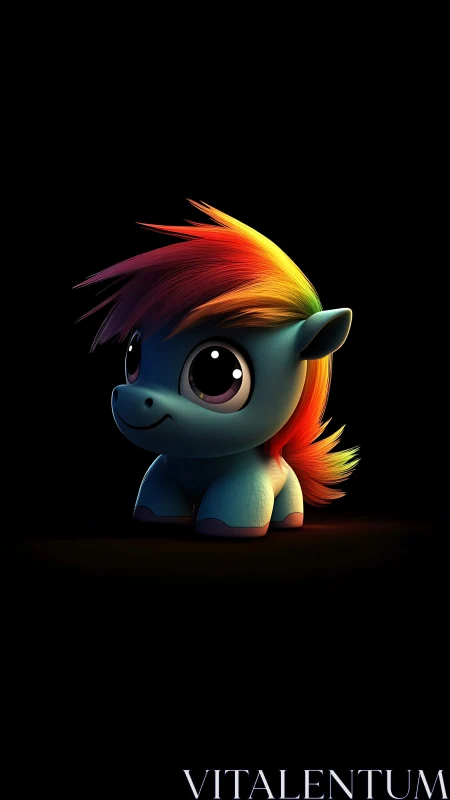 Rainbow-maned chibi pony in soft studio spotlight.