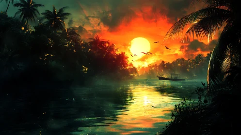 Tropical river sunset ignites sky with vivid fiery light.