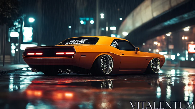 Modified orange muscle car on wet urban street at night.