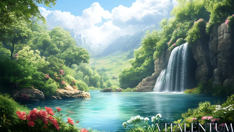 Emerald valley lagoon cradles a silken waterfall dreamscape.