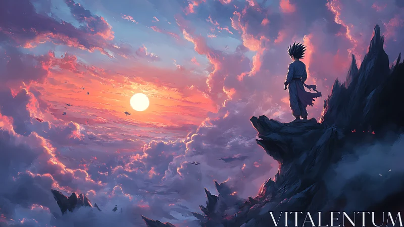Solitary warrior watches blazing sunset above storm clouds