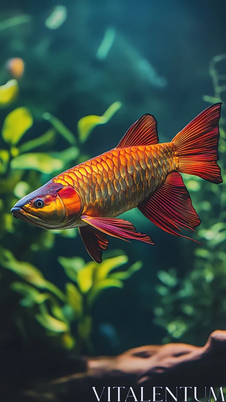 Vibrant orange aquarium fish gliding through lush plants.