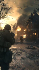 Soldiers advance through burning war-torn street under fire.