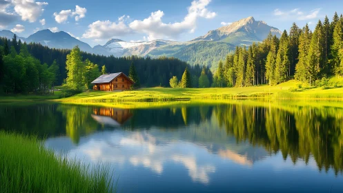 Lakeside timber cabin with conifer forest and alpine mountains