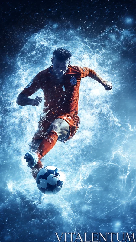 Dynamic soccer striker kicks ball through explosive water vortex.