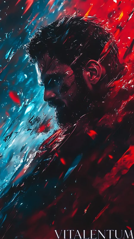 Warrior profile dissolves in red and blue abstract storm.