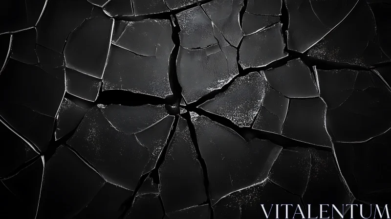Fractured black surface with radiating polygonal crack network.