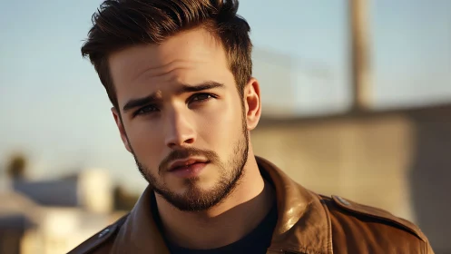 Young man outdoors in brown jacket under soft sunlight.