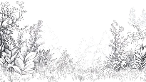 Botanical Line Drawing of Wildflowers and Garden Plants.