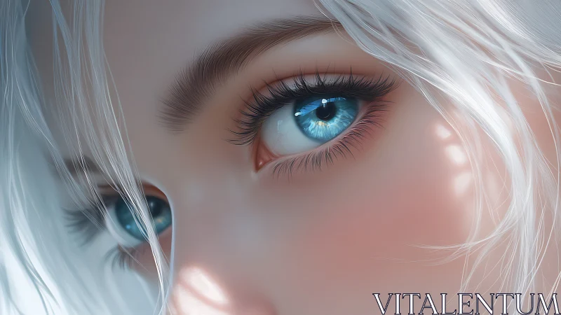 Soft silver hair frames luminous blue eyes in gentle light.