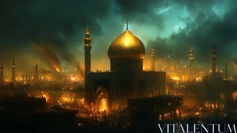 Golden-domed mosque structure stands amid illuminated cityscape