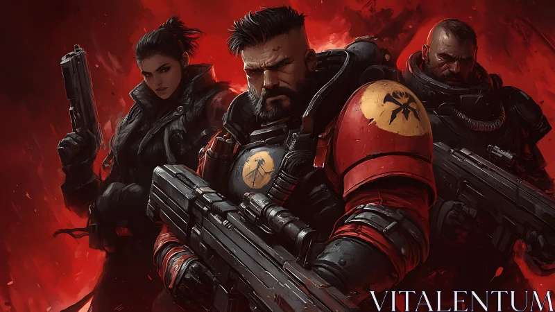 Armored squad advancing through crimson war fogscape.