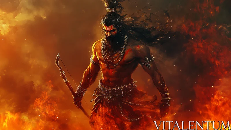 Fire-forged warrior strides through storming inferno skies.