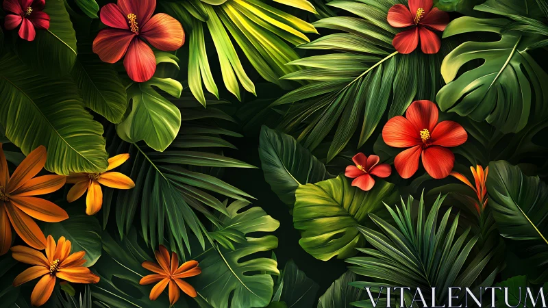 Lush tropical foliage with vivid red and orange blossoms.