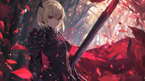 Dark-armored anime knight holds greatsword amid crimson leaves
