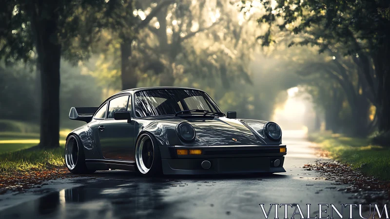 Widebody classic sports sedan on misty tree-lined country lane